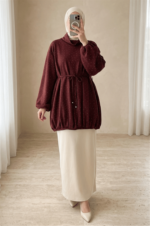 Eteği Lastikli Beli Bağcıklı Yarım Boğazlı Oysho Sweat -Bordo-Sweatshirt-307-0026-R04
