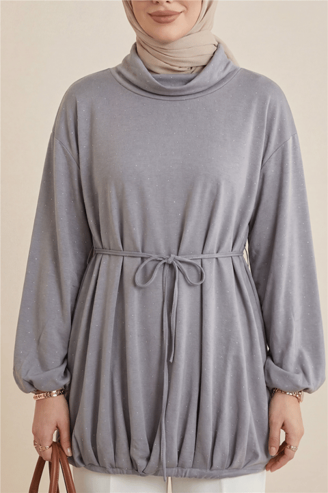 Eteği Lastikli Beli Bağcıklı Yarım Boğazlı Oysho Sweat -Açık Gri-Sweatshirt-307-0026-R41