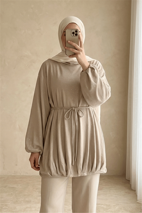 Eteği Lastikli Beli Bağcıklı Yarım Boğazlı Oysho Sweat -Açık Vizon-Sweatshirt-307-0026-R51