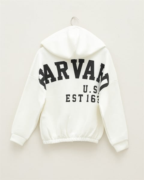 سويت شيرت بغطاء للرأس مع تنورة مطاطية - أبيض-Baskılı Sweatshirt-357-3048-R02