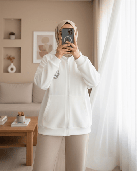 سويت شيرت بغطاء للرأس مع تنورة مطاطية - أبيض-Baskılı Sweatshirt-357-3048-R02