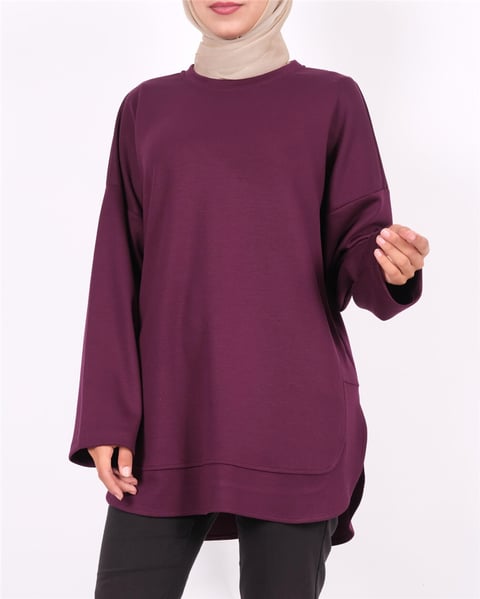 Eteği Oval Kesim Yırtmaçlı Oysho Sweat -Mürdüm-Sweatshirt-111-22050-R09
