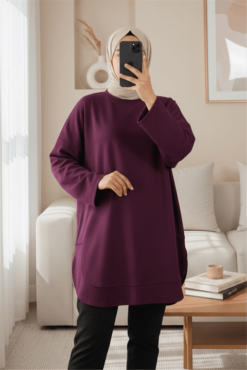 Eteği Oval Kesim Yırtmaçlı Oysho Sweat -Mürdüm-Sweatshirt-111-22050-R09