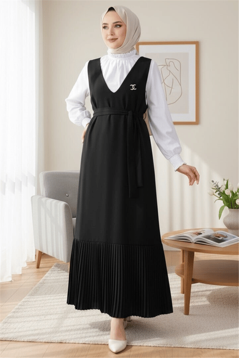 جيليه بحزام مع تنورة مطوية - أسود-Jile Elbise-111-61101-R01