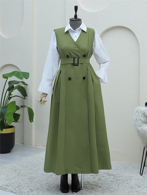 معطف واق من المطر بحزام مع تنورة مطوية وبوليرو - كاكي-Trençkot-223-3004-R05
