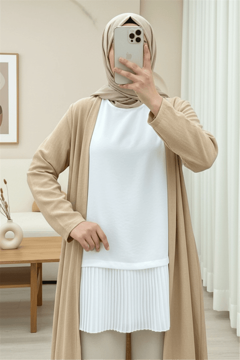 Eteği Pliseli Sıfır Kol Modal İçlik  -Beyaz-Bluz-338-40012-R02