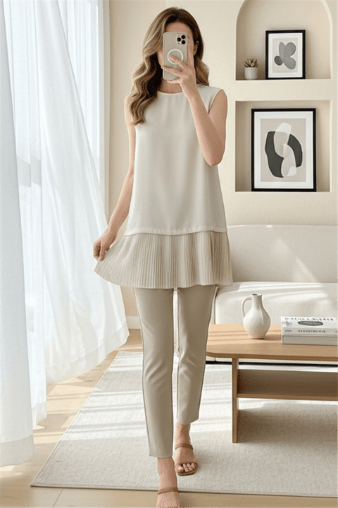 Eteği Pliseli Sıfır Kol Modal İçlik  -Bej-Bluz-338-40012-R56