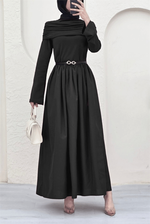 Eteği Poplin Üstü Sendy İki Parçalı Pileli Elbise -Siyah-Elbise-349-2417-R01