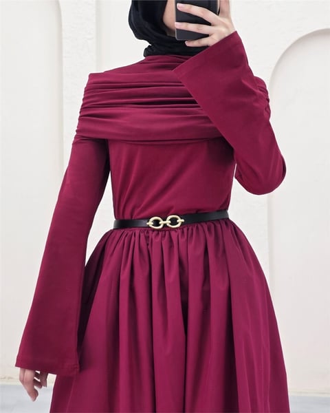 Eteği Poplin Üstü Sendy İki Parçalı Pileli Elbise -Bordo-Elbise-349-2417-R04