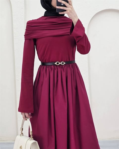 Eteği Poplin Üstü Sendy İki Parçalı Pileli Elbise -Bordo-Elbise-349-2417-R04