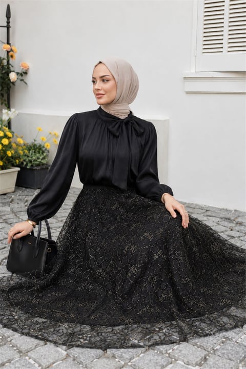 Eteği Pullu Astarlı Yakası Bağlamalı Kolu Lastikli Janjan Takım -Siyah-Takım-446-7343-R01