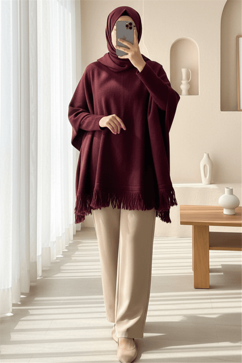 Eteği Püskül Detaylı Triko Panço  -Bordo-Hırka-295-4501-R04