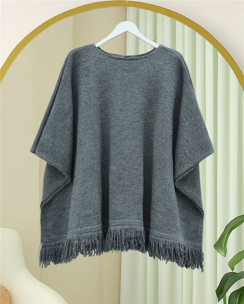 Eteği Püskül Detaylı Triko Panço  -Füme-Hırka-295-4501-R18