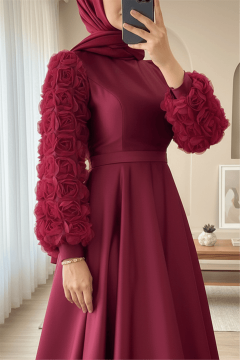Eteği Ve Kolları Gül Detaylı Saten Abiye  -Bordo-Abiye-316-4661-R04