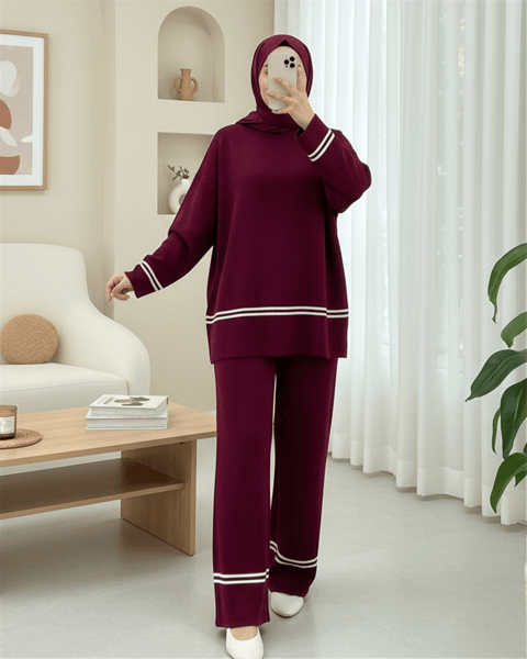 Eteği Ve Kolu Çizgili Triko Takım -Bordo-Takım-384-301-R04