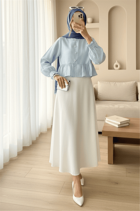 Eteği Ve Kolu Fırfırlı Taşlı Düğmeli Gömlek -Bebe Mavi-Gömlek-307-2321-R32