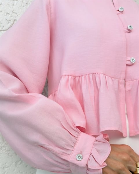 Eteği Ve Kolu Fırfırlı Taşlı Düğmeli Modal Kumaş Gömlek  -Pembe-Gömlek-307-2321-R20