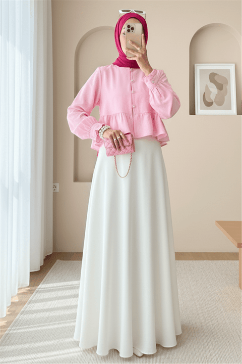 Eteği Ve Kolu Fırfırlı Taşlı Düğmeli Modal Kumaş Gömlek  -Pembe-Gömlek-307-2321-R20