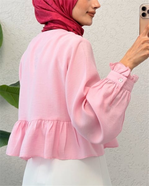 Eteği Ve Kolu Fırfırlı Taşlı Düğmeli Modal Kumaş Gömlek  -Pembe-Gömlek-307-2321-R20
