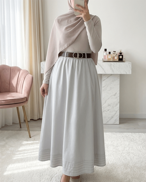 Etek Ucu Dikiş Detaylı Beli Lastikli Astarlı İthal Soft Gabardin Etek -Taş-Etek-356-4465-R43