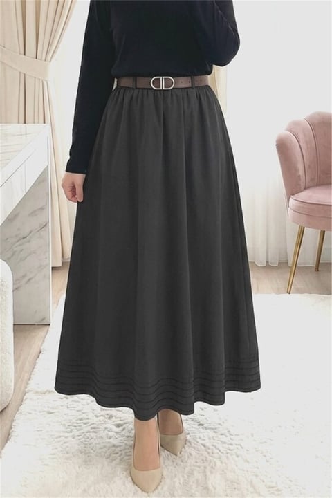 Etek Ucu Dikiş Detaylı Beli Lastikli Astarlı İthal Soft Gabardin Etek -Siyah-Etek-356-4465-R01