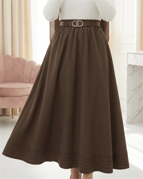 Etek Ucu Dikiş Detaylı Beli Lastikli Astarlı İthal Soft Gabardin Etek -Kahve-Etek-356-4465-R15