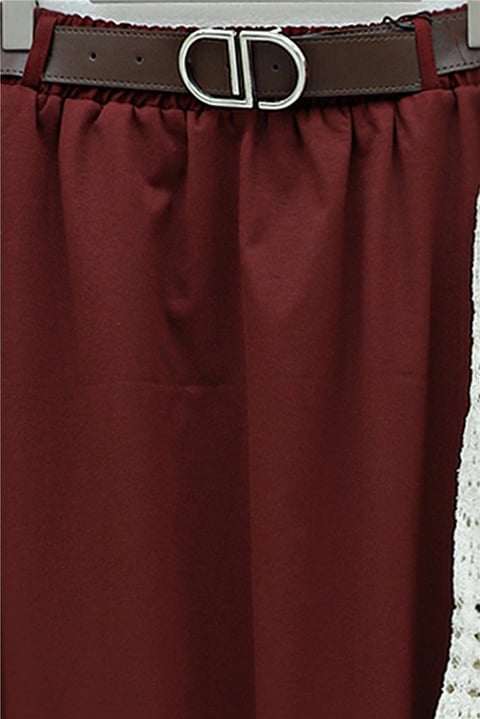 Etek Ucu Dikiş Detaylı Beli Lastikli Astarlı İthal Soft Gabardin Etek  -Bordo-Etek-356-4465-R04