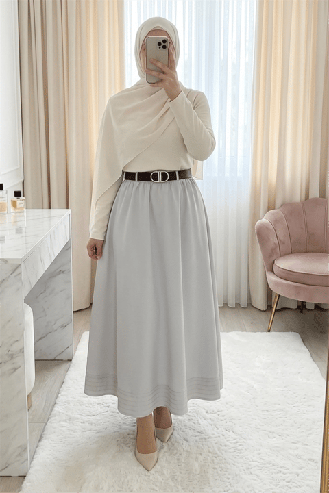 Etek Ucu Dikiş Detaylı Beli Lastikli Astarlı İthal Soft Gabardin Etek -Taş-Etek-356-4465-R43
