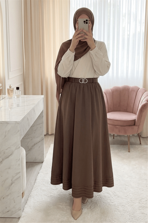 Etek Ucu Dikiş Detaylı Beli Lastikli Astarlı İthal Soft Gabardin Etek -Kahve-Etek-356-4465-R15