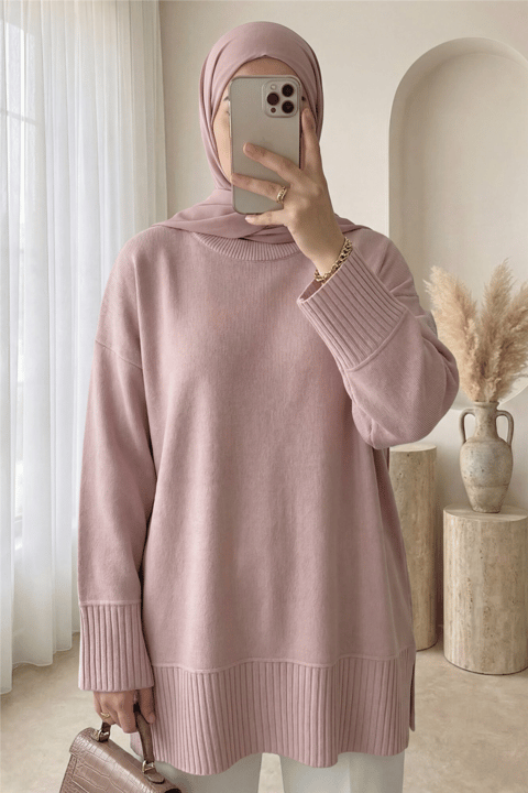 Etek Ucu ve Kol Manşeti Fitilli Yuvarlak Yaka Yırtmaçlı Triko Tunik -Pudra-Kazak-109-9785-R06