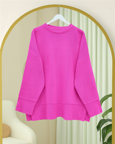 Etek Ucu ve Kol Manşeti Fitilli Yuvarlak Yaka Yırtmaçlı Triko Tunik -Pembe-Kazak-109-9785-R20