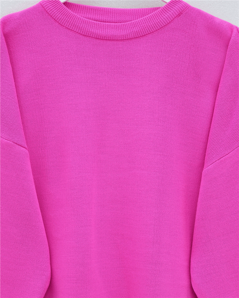 Etek Ucu ve Kol Manşeti Fitilli Yuvarlak Yaka Yırtmaçlı Triko Tunik -Pembe-Kazak-109-9785-R20