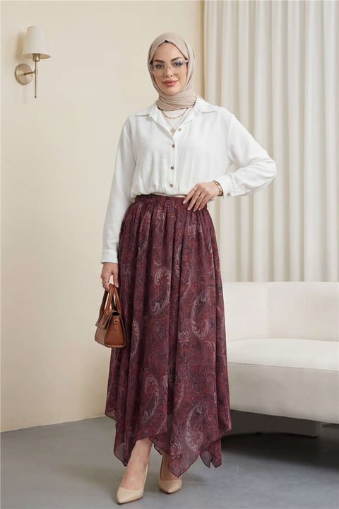 Etnik Desen Beli Lastikli Astarlı Ucu Asimetrik Kesim Şifon Etek -Bordo-Etek-349-8044-R04