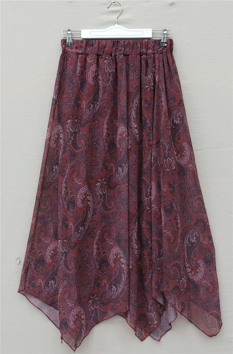 Etnik Desen Beli Lastikli Astarlı Ucu Asimetrik Kesim Şifon Etek -Bordo-Etek-349-8044-R04