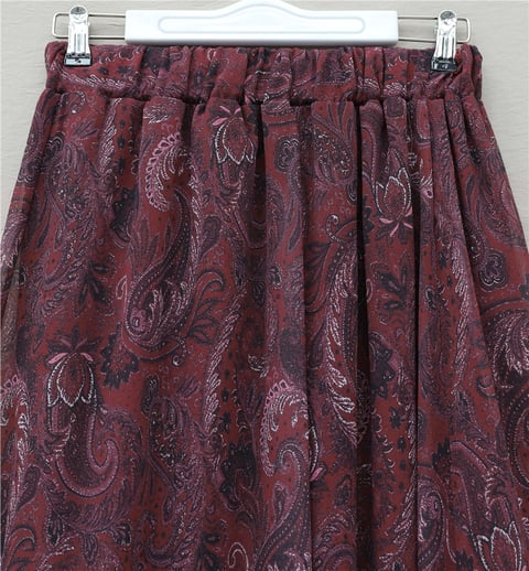 Etnik Desen Beli Lastikli Astarlı Ucu Asimetrik Kesim Şifon Etek -Bordo-Etek-349-8044-R04