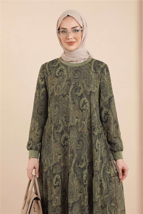 Etnik Desen Eteği Parçalı Astarlı Şifon Elbise    -Haki-Elbise-197-6758-R05