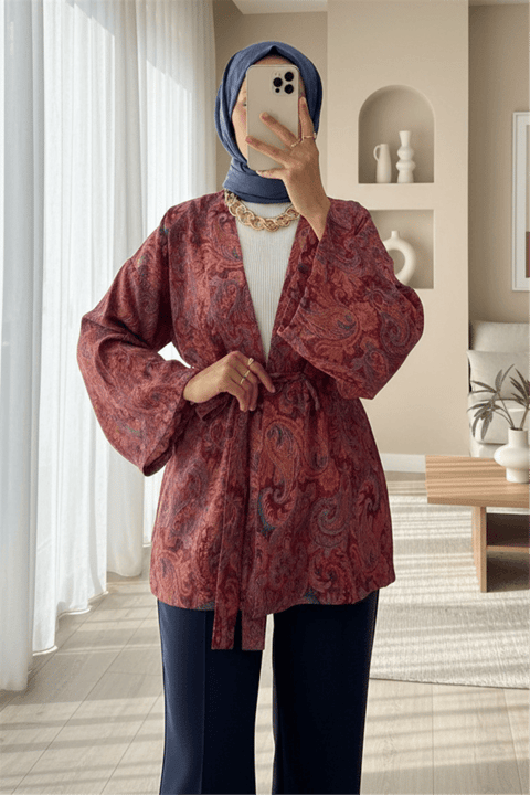 Etnik Desenli Bağcıklı Kimono -Bordo-Kimono&Kaftan-307-2375-R04