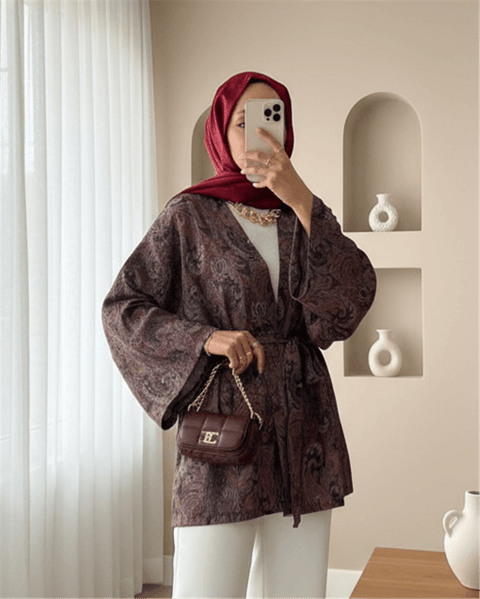 Etnik Desenli Bağcıklı Kimono -Kahve-Kimono&Kaftan-307-2375-R15