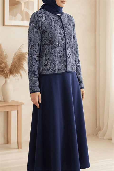 Etnik Desenli Top Düğmeli Scuba Takım -Laci-Takım-349-8010-R03
