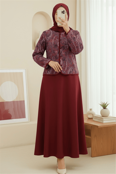 Etnik Desenli Top Düğmeli Scuba Takım  -Bordo-Takım-349-8010-R04