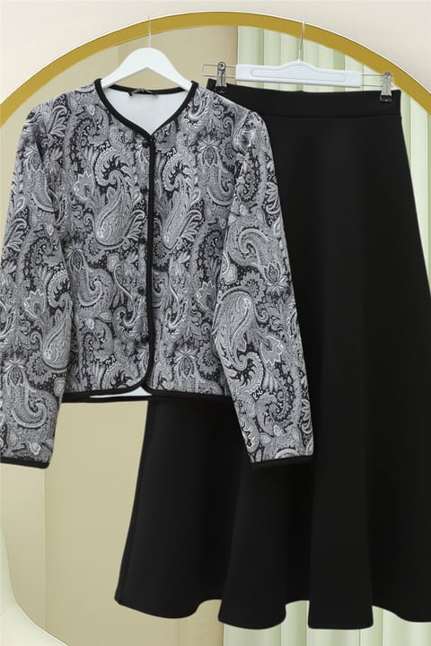 Etnik Desenli Top Düğmeli Scuba Takım -Siyah-Takım-349-8010-R01