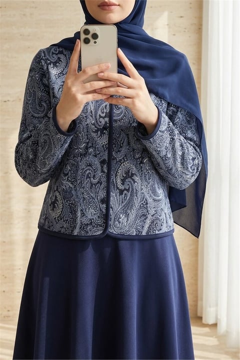 Etnik Desenli Top Düğmeli Scuba Takım -Laci-Takım-349-8010-R03