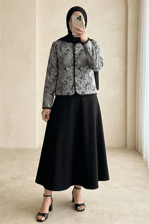 Etnik Desenli Top Düğmeli Scuba Takım -Siyah-Takım-349-8010-R01