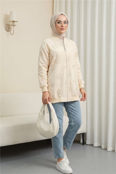 Fermuarlı Astarlı Taş Ve Boncuklu Tunik -Bej-Tunik-144-2000-R56
