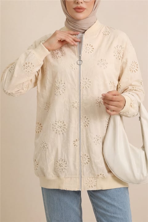 Fermuarlı Astarlı Taş Ve Boncuklu Tunik -Bej-Tunik-144-2000-R56