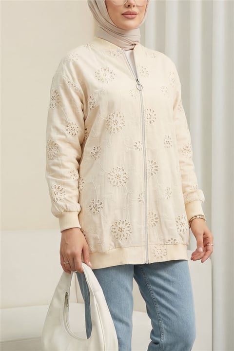 Fermuarlı Astarlı Taş Ve Boncuklu Tunik -Bej-Tunik-144-2000-R56