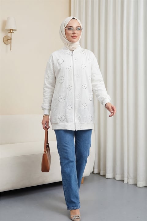 Fermuarlı Astarlı Taş Ve Boncuklu Tunik -Beyaz-Tunik-144-2000-R02