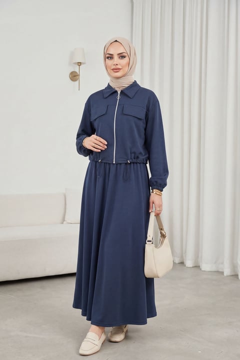 Fermuarlı Beli Lastik Detaylı Gömlek Yaka Cep Kapaklı Oyşo Takım  -Füme