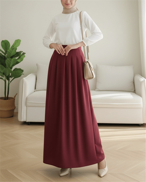 Etek-Fermuarlı Cepli Pliseli Krep Etek -Bordo-386-62120-R04