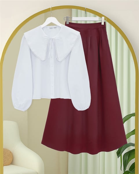 Etek-Fermuarlı Cepli Pliseli Krep Etek -Bordo-386-62120-R04